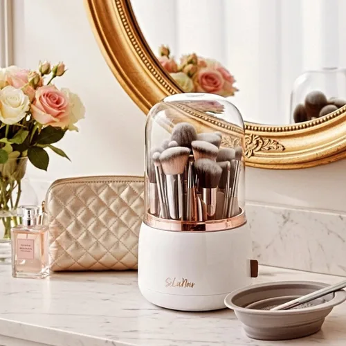 Miniatura 10 de Soporte giratorio para brochas de maquillaje con tapa, organizador de tocador a prueba de polvo para brochas de maquillaje, cuenco limpiador