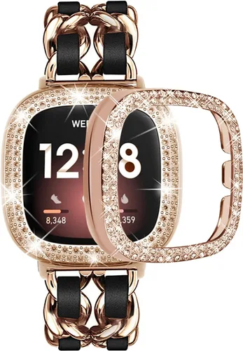 Miniatura 10 de Correa de reloj brillante compatible con Fitbit Versa 4/Fitbit Sense 2 para mujer, correa ajustable de aleación de cristal con diamantes