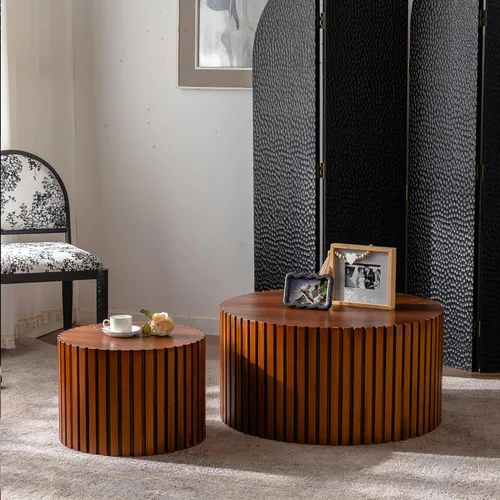 Miniatura 12 de WILLIAMSPACE Juego de 2 mesas auxiliares anidadas, redondas de madera negra para espacios pequeños, sala de estar, dormitorio, mesa auxiliar
