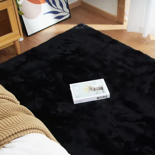Miniatura 7 de Latepis Alfombra Pequeña Negra Esponjosa 2x3 pies Manta de Piel Sintética de Conejo Alfombra Suave Lavable Alfombras Peludas Shag para Dormitorio