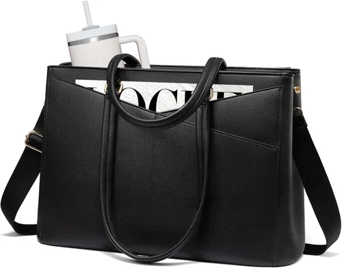 LOVEVOOK Bolsa de mano para computadora portátil para mujer, bolsas de trabajo de cuero de 15.6 pulgadas con soporte grande para tazas para Negro