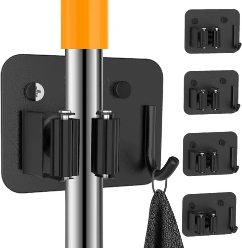 Miniatura 9 de Paquete de 2 soportes de pared para escobas, organizador de trapeador de acero inoxidable 304 con ganchos, sin adhesivo para taladro e instalación