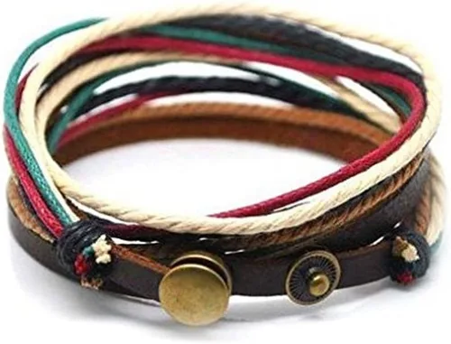 Miniatura 2 de Pulsera de cuero marrón ajustable con cuerdas multicolores y orificios metálicos para enlazar 582s