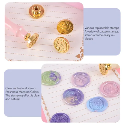 Miniatura 4 de Jeanoko Kit de sellos reemplazables con patrones de sello de cera con broche de mango de sello de madera para el hogar, escuela, oficina, invitación