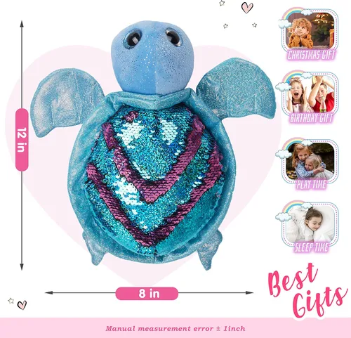 Miniatura 4 de Animal de Peluche de Tortuga Marina con Lentejuelas Reversibles, Juguete de Felpa Suave y Brillante de la Vida Oceánica, Almohada Decorativa