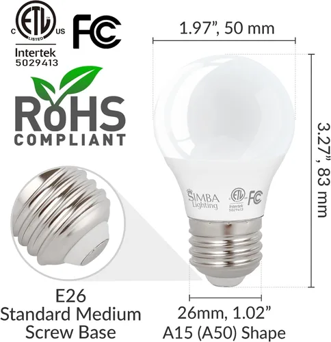 Miniatura 2 de Simba Lighting Bombillas LED A15 ETL (paquete de 4) 5 W 40 W de repuesto para electrodomésticos, refrigeradores, ventiladores de techo, 120 V, base