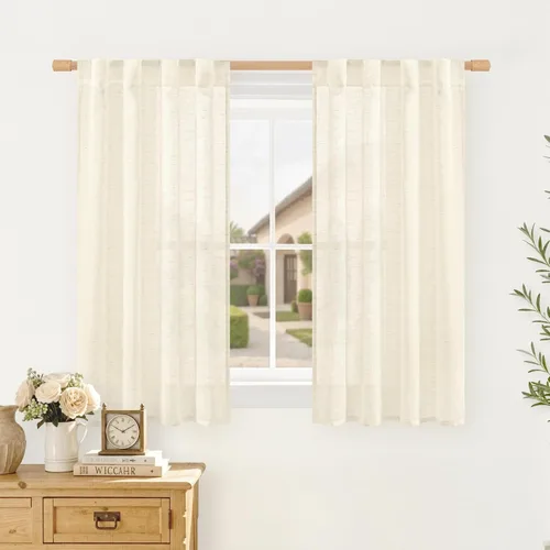 Miniatura 14 de LAMIT Cortinas de lino beige de 30 pulgadas de largo para ventanas pequeñas, cortinas semitransparentes filtrantes de luz, pestaña trasera