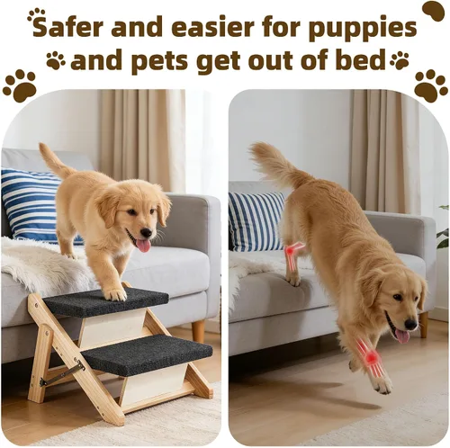 Miniatura 4 de MEWANG Wood Pet Stairs/Pet Steps - Escalera y rampa plegable de 2 niveles para perros, perfecta para camas y coches - Escalera portátil