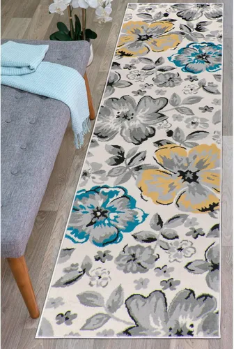 Miniatura 25 de Rugshop Alfombra moderna de diseño floral azul, elegante que no se desprende, 24 x 87 pulgadas para sala de estar, dormitorio, comedor, cocina