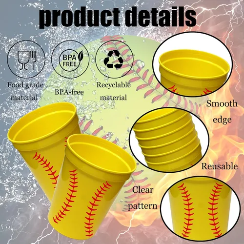 Miniatura 3 de 24 tazas de plástico para fiesta de sóftbol, tazas de plástico reutilizables amarillas de 12 onzas, para decoración de fiesta de sóftbol, tazas