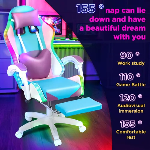 Miniatura 4 de Sillas de juegos para adultos, silla de computadora con reposapiés y respaldo alto ergonómico, luz LED, sillas giratorias de 360° en altura