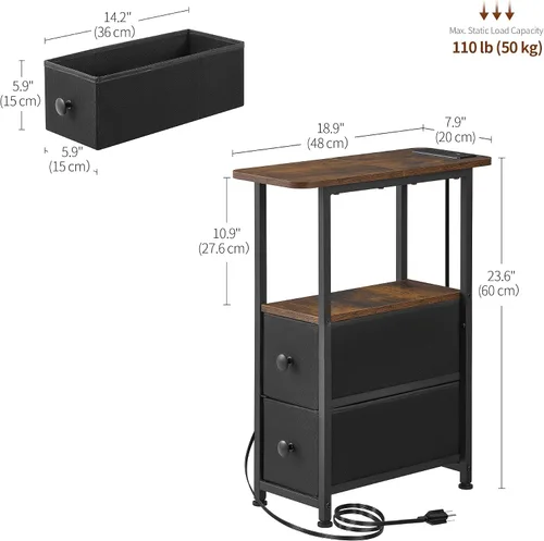 Miniatura 3 de DALEMHOME Mesa auxiliar estrecha con estación de carga, mesa auxiliar estrecha con cajón, mesita de noche pequeña con luz LED, mesita de noche Negro