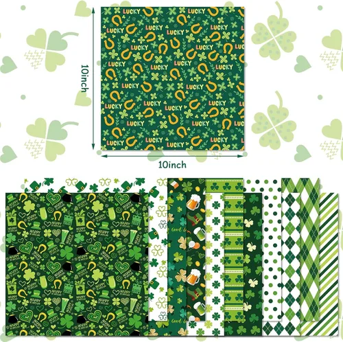 Miniatura 2 de Whaline Paquete de 12 piezas de tela de algodón para el Día de San Patricio de 10 x 10 pulgadas, tela estampada con trébol verde cuadrado, trébol