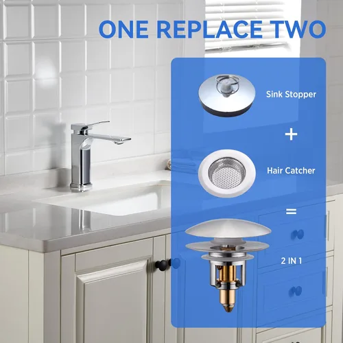 Miniatura 5 de Tapón de Drenaje para Lavabo de Baño, Colador Tapón de Drenaje Emergente 2 en 1 para Orificios de Drenaje de Lavabo de 1.06"-1.65", Tapón de Lavabo
