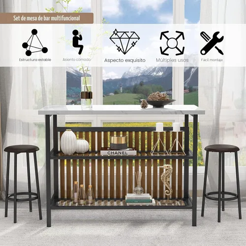 Miniatura 6 de AWQM Isla de cocina con asiento y estante de almacenamiento, mesa de isla de mármol sintético para cocina, mesa de bar moderna y sillas para 2