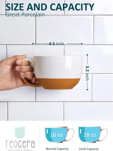Miniatura 4 de Teocera Juego de 4 tazas de café color beige, taza de café de cerámica de 16 onzas, juego de tazas grandes con asa para bebidas frías o calientes