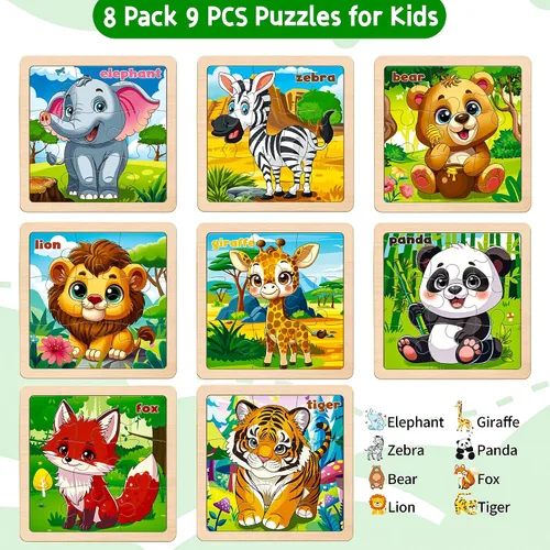 Miniatura 7 de Rompecabezas de madera para niños pequeños, 9 piezas de rompecabezas de animales para niños de 3 a 5 años, actividades de aprendizaje preescolar