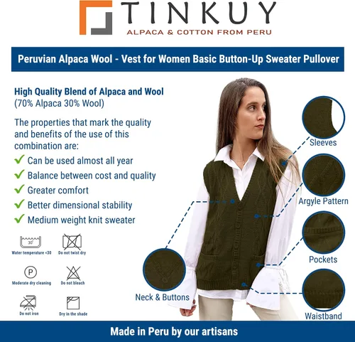 Miniatura 5 de TINKUY Chaleco peruano de lana de alpaca con cuello en V y rombos para mujer, S-4XL