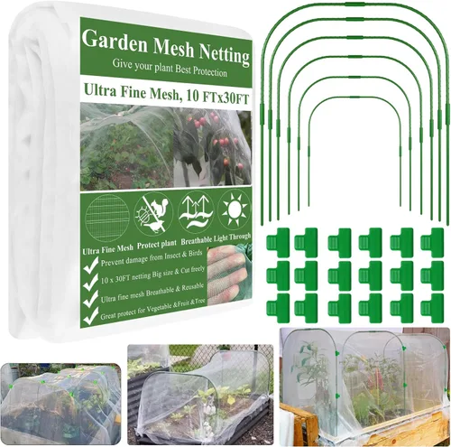 Miniatura 9 de Kit de red de malla para jardín, cubiertas para plantas de 10 x 30 pies, red de malla ultra fina y 6 aros de jardín y 18 clips, kit de red de jardín