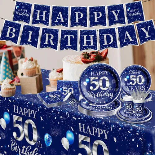 Miniatura 4 de Juego de vajilla de 142 piezas para decoración de cumpleaños número 50, color plateado y azul, suministros de fiesta de cumpleaños número 50