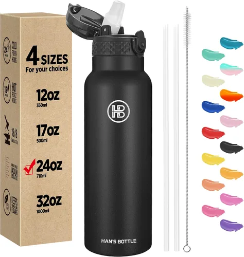 Miniatura 14 de Han's Bottle - Botella de agua para niños con tapa con pajilla - Vaso reutilizable de acero inoxidable aislado para niñas, niños, taza termo, 17
