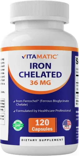 Vitamatic Hierro quelado de 36 mg (de Ferrochel® Ferroso Bisglicinato Quelato) – No estreñimiento – 120 cápsulas vegetales – Sin OMG, sin gluten,
