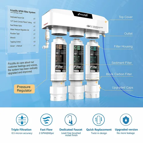 Miniatura 5 de Frizzlife Sistema de filtro de agua para debajo del fregadero, certificado NSF/ANSI 53 y 42 y 372, filtración de agua de 8 capas de 0.5 micrones que