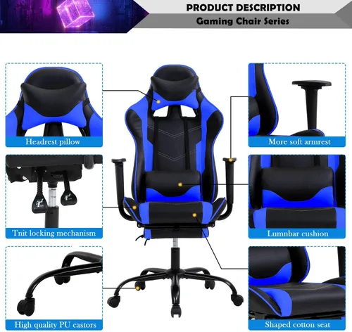 Miniatura 4 de Reposacabezas de soporte lumbar para computadora de PC, respaldo alto, para oficina, videojuegos, silla giratoria para niños o adultos, azul