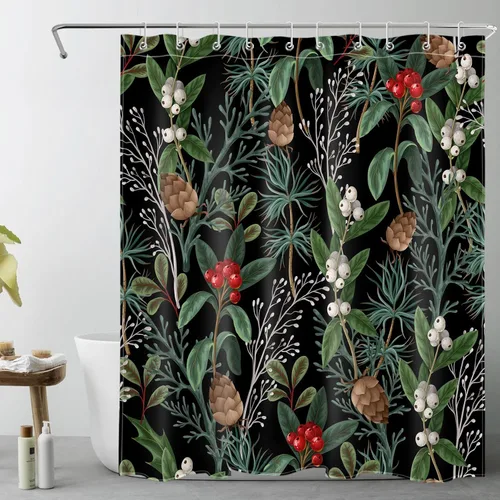 Miniatura 15 de EOBTAIN Cortina de ducha de hojas verdes de Navidad para baño, ramas de piña y abeto con bayas rojas sobre negro, cortina de ducha con 12 ganchos