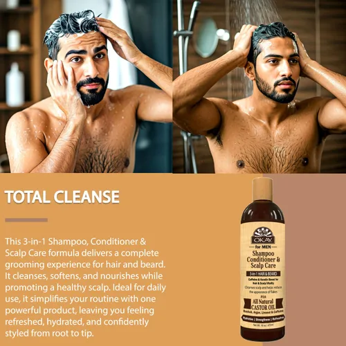 Miniatura 3 de Okay -MEN Champú y acondicionador 3 en 1 - Champú y acondicionador de aceite de ricino, lavado de barba, tratamiento aclarador para cabello seco