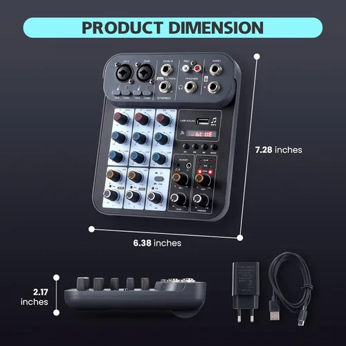 Miniatura 8 de Mezclador de audio DJ de 4 canales, mezcladores de sonido, placa de mezcla de sonido XLR 1/4" de interfaz, entrada BT USB MP3 para computadora