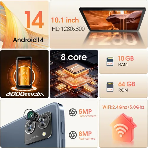 Miniatura 2 de DigiLand Tabletas Android 2025, tableta Android 14 de 10.1 pulgadas, procesador Octa Core, 10 GB + 64 GB (expansión de 256 GB), 800 x 1280 IPS
