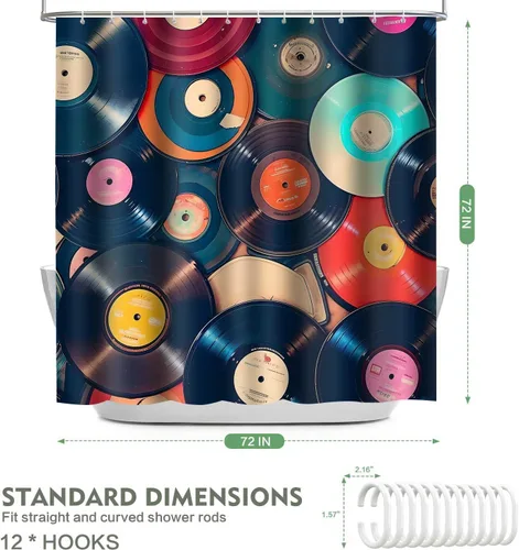 Miniatura 5 de YLOKTP0796 - Cortina de ducha con música retro, 36 x 72 pulgadas, discos musicales, álbum de baño, bañeras, juego de decoración con 6 ganchos