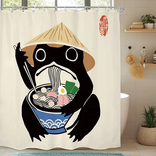 Miniatura 23 de Juego Divertido de Cortina de Rana Retro para Ducha, Juego de Baño 48x71 Pulgadas, Estilo Asiático Lindo, Arte Japonés Tradicional de Pato de Goma