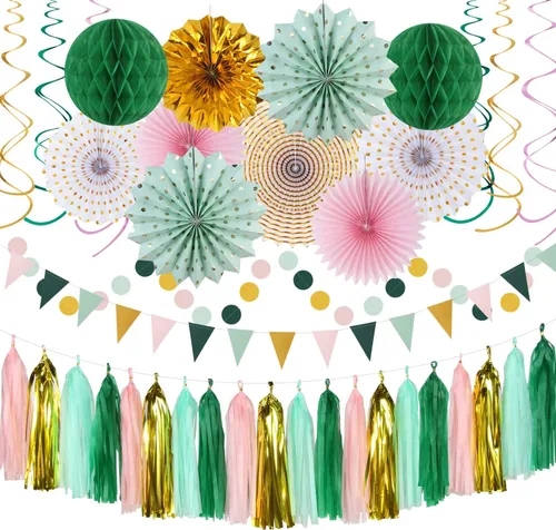 Miniatura 15 de Kits de decoración para fiestas negro blanco-plata - 33 piezas, banderas, guirnaldas con borlas para graduación, pompones de papel de seda tipo