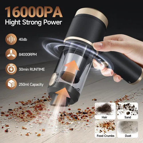 Miniatura 2 de Aspiradora portátil inalámbrica para automóvil, 16000PA, limpiador de automóvil de mano de succión fuerte con filtros HEPA duales, luz LED, mini