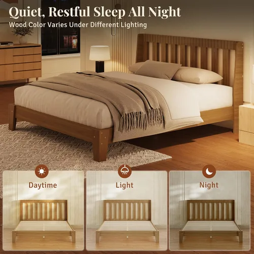 Miniatura 7 de Base de cama tamaño Queen con cabecero, marco de cama de madera moderna de mediados de siglo con cabecero acanalado y alas curvas, sin ruido,
