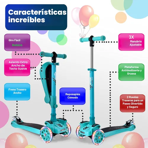 Miniatura 2 de Hurtle Patinete de 3 ruedas para niños, luces LED de ruedas, manubrio ajustable de inclinación para dirigir y asiento plegable, paseo sentado
