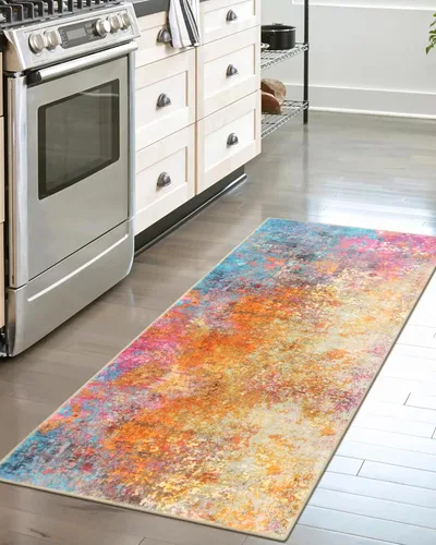 Miniatura 44 de Lahome Alfombra redonda moderna abstracta de 3 pies, color azul, lavable, de 3 x 3 pies, para cocina, entrada, suave, pequeña, antideslizante