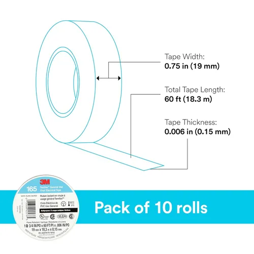 Miniatura 5 de 3M Temflex Cinta Eléctrica de Vinilo Multiusos 165, Blanca, 3/4 pulg x 60 pies (19 mm x 18 m), Paquete de 10 Rollos Blanco