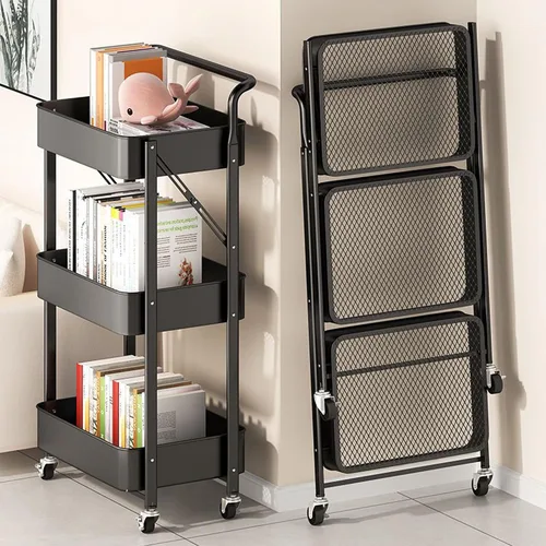 BEEY Carrito de almacenamiento plegable de metal con ruedas, sin montaje, cesta de mercado de alambre de metal, organizador de almacenamiento Negro