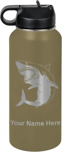 Miniatura 21 de LaserGram Botella de agua personalizada, gran tiburón blanco, acero inoxidable de doble pared aislada al vacío con popote superior, regalo grabado