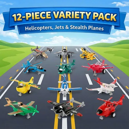 Miniatura 6 de Liberty Imports Juego de vehículos de juguete de aviones para tirar, paquete variado de helicópteros, bombarderos sigilosos, aviones de combate