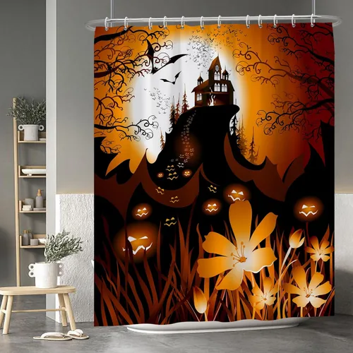 Miniatura 46 de Cortina de ducha de fantasma y gato negro para niños, 36 x 72 pulgadas, espeluznante y bonita, cortina de baño de Halloween con 6 ganchos, cortina