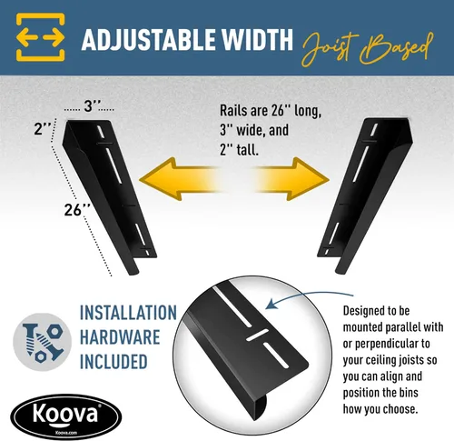 Miniatura 7 de Koova Estante de almacenamiento para garaje de alta resistencia para 4 contenedores. Ancho ajustable, capacidad de 160 libras. Soporte de techo