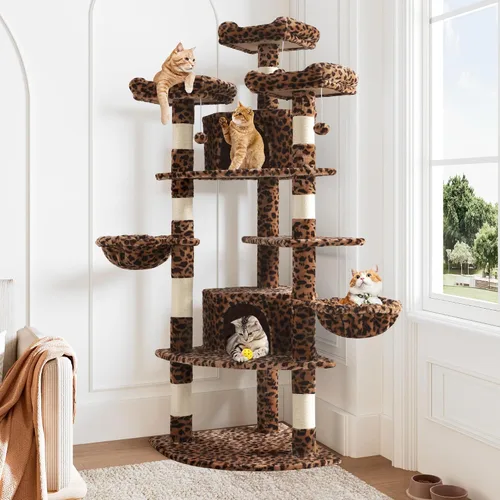 Miniatura 9 de Allewie Torre esquinera para gatos de 73 pulgadas en forma de abanico que ahorra espacio, árbol alto de varios niveles para gatos de interior/cestas