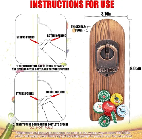 Miniatura 3 de Abrebotellas de cerveza montado en la pared con atrapador de tapas magnético, abrebotellas magnético de madera para refrigerador, regalos de cerveza