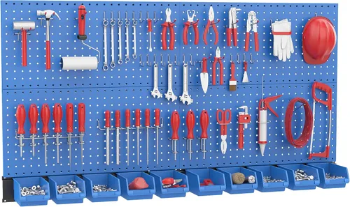 Miniatura 7 de Organizador de pared perforado Ultrawall, paneles de tablero de clavijas de metal negro, sistema de almacenamiento para garaje con ganchos
