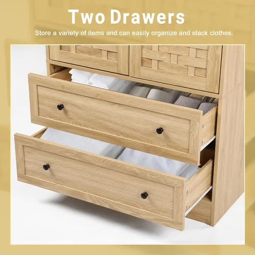 Miniatura 6 de LEVNARY Armario con 2 puertas tejidas, armario con 2 cajones de almacenamiento y riel para colgar, armario de madera independiente para dormitorio