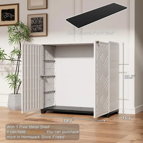 Miniatura 7 de HOMSPARK Armario de almacenamiento para interiores y exteriores con puertas y 1 estante, caja de almacenamiento de plástico HDPE de 34 x 15 x 34